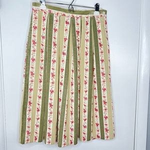 70s Vintage Union Label Pleated Corduroy Green Floral Stripe Skirt